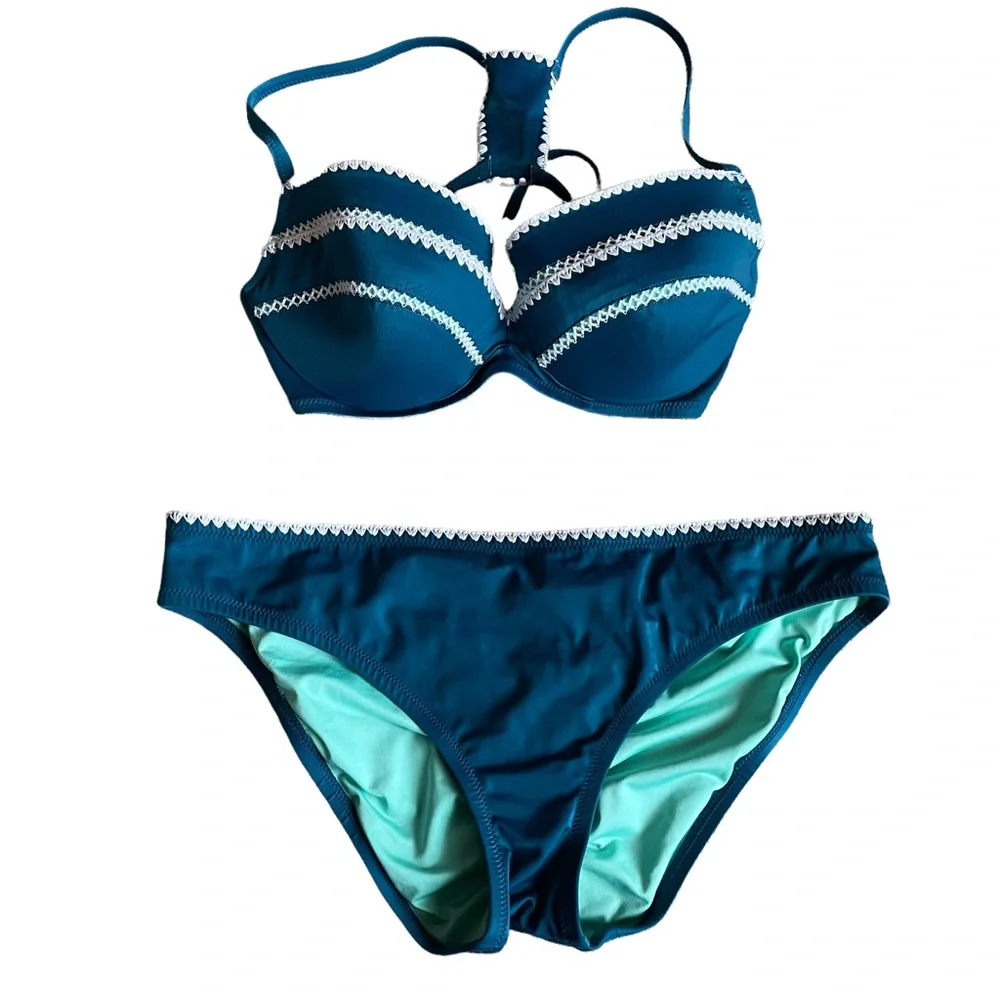 Shade & Shore Teal Crochet Racerback Bikini Set 34D Top with Matching Bottoms XL - Picture 3 of 6